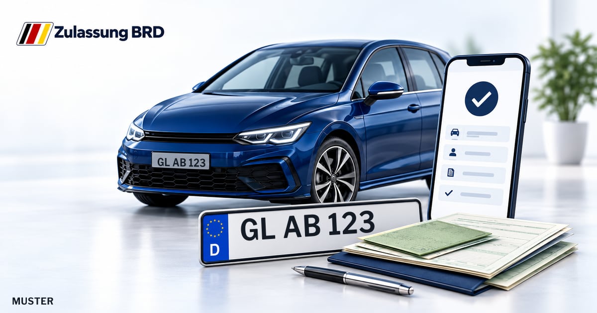 Online Fahrzeugzulassung in Kürten: Musterkennzeichen GL AB 123, Auto und Fahrzeugpapiere und Smartphone. Illustration mit Logo von Zulassung BRD.
